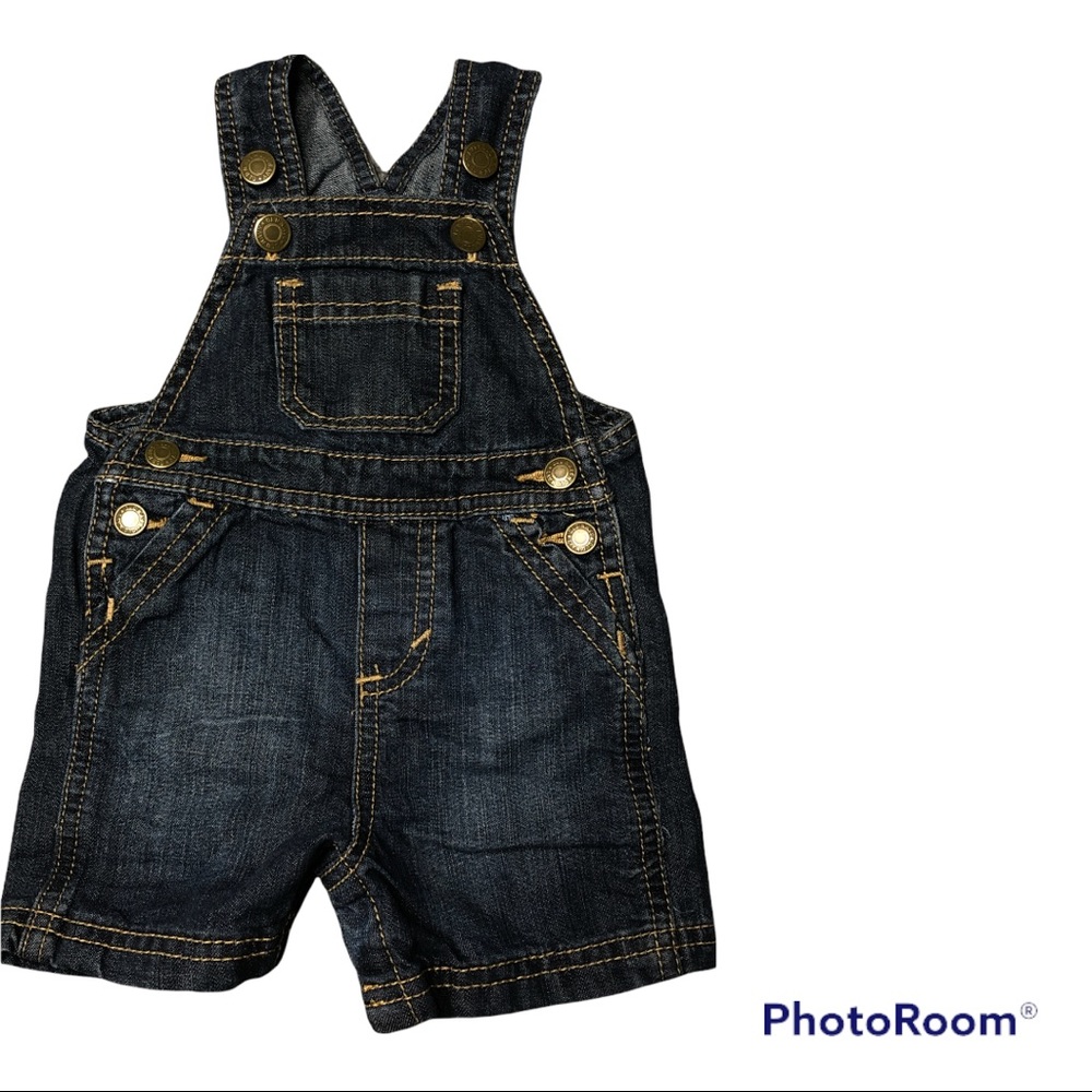 jean overalls dark wash shorts snap button crotch size 0/3M Old Navy